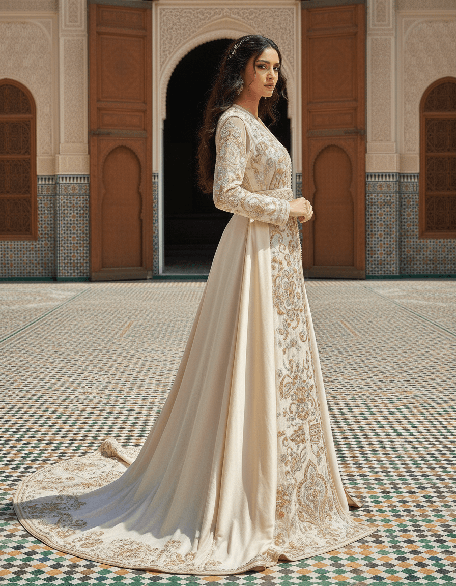 Vue de profil d'une robe orientale pour mariage avec traîne brodée