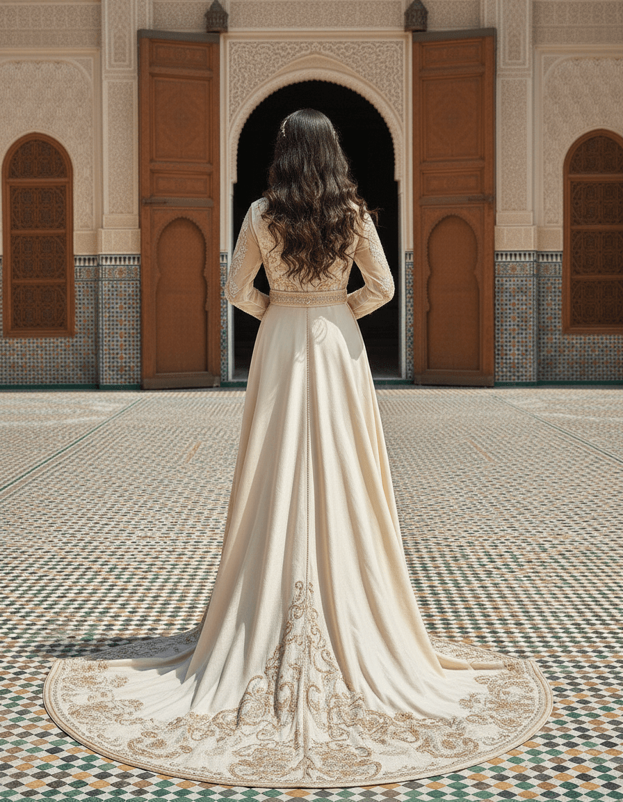 Vue de dos d'une robe de mariée orientale brodée avec traîne spectaculaire